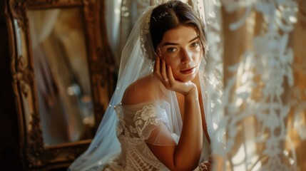 Wall Mural - A woman in a wedding dress is sitting in front of a mirror. She is wearing a veil and has her hand on her face