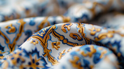 Wall Mural - closeup of Oktoberfest fabric texture, intricate traditional patterns in blue, white, and gold, soft fabric folds 