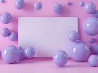 Wall Mural - Blank signs surrounded by purple balls on a pink background