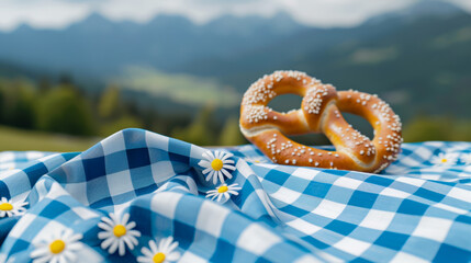 Wall Mural - Flat view of Octoberfest fabric with edelweiss flowers, blue and white checkered pattern, and pretzel motifs, isolated on white with space for text 