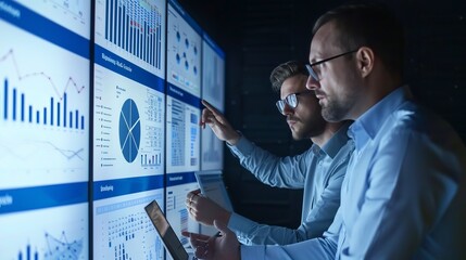 project manager and computer science engineer collaborate using big screen display and laptop, analy