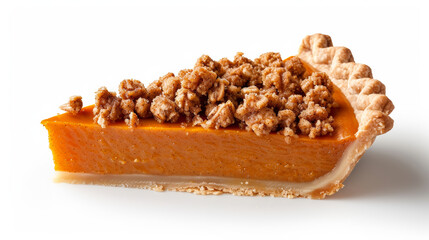 Canvas Print - pumpkin pie with a crumbly streusel topping, isolated on a white background, rich orange color and texture 