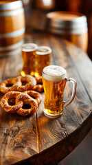 Wall Mural - Traditional Oktoberfest beer steins and pretzels from Munich, Germany 