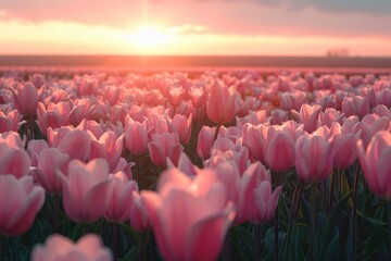 Wall Mural - A bouquet of pink tulips against a warm orange-yellow sunset sky