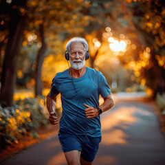 Wall Mural - Morning Run Elderly man in sportswear and headphones jogging in park. Outdoor activity