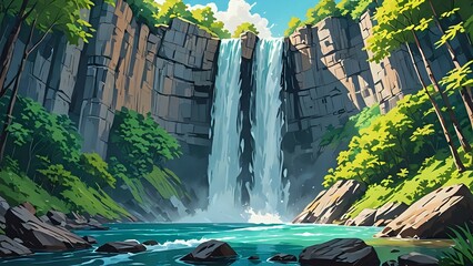 Wall Mural - A majestic waterfall cascades down a rocky cliff face, creating a sparkling pool at its base, surrounded by lush green foliage.