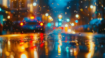 surfaces and light leaks, bokeh shallow depth of field, heavy rain, many people and traffic