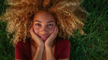 Wall Mural - The smiling woman on grass