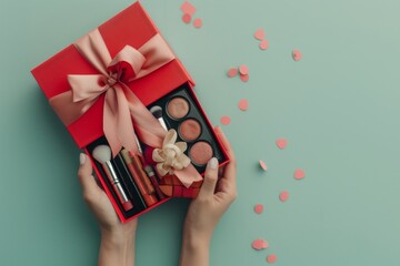 Wall Mural - Chic festive gift box with makeup essentials held by hands on pastel background