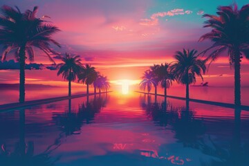 Canvas Print - A serene sunset scene featuring palm trees and a body of water, ideal for use in travel or nature-themed projects