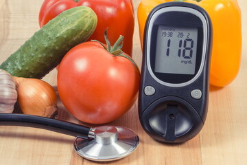 Wall Mural - Glucose meter with result of sugar level and fresh natural vegetables. Healthy nutrition during diabetes