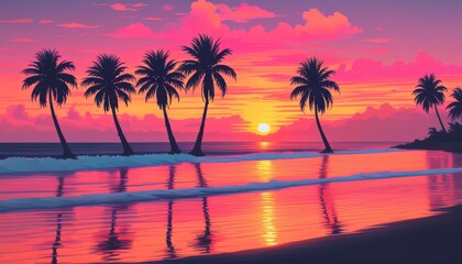 Wall Mural - palm trees on the beach against the backdrop of sunset in retrowave