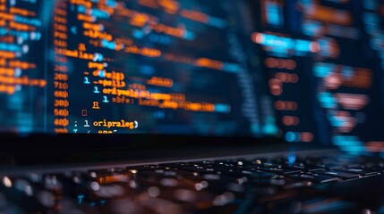 Wall Mural - abstract programming code on screen laptop with web development icons, software development concept,