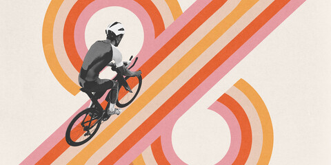 Athletics man in sportswear and helmet riding on bicycle against light background with abstract colorful element. Creative design. Concept of sport, competition, marathon, triathlon, endurance