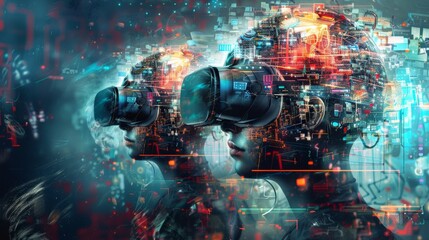 Wall Mural - young woman using augmented reality glasses in a futuristic workspace
