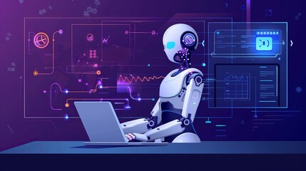 Poster - advanced robot with artificial intelligence assisting maintenance engineer at digital display, futur