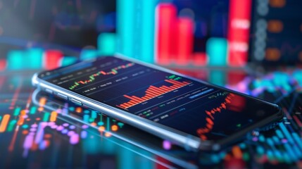 Fototapete - A smartphone screen displaying interactive graphs and analytics for mobile stock trading.