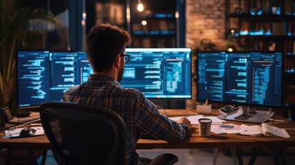 a software developer works on code late into the night, illuminated by the glow of multiple computer