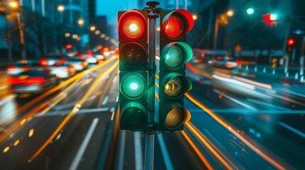 Poster - A traffic light changing from green to red with blurred cars passing underneath.