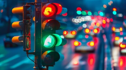 Poster - A traffic light changing from green to red with blurred cars passing underneath.