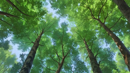 Poster - forest trees view from below into the sky. nature green wood sunlight background