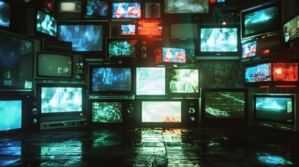 A lot of old vintage televisions in a dark room. TV addiction and news concept.
