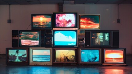 a lot of old vintage televisions in a dark room. tv addiction and news concept.