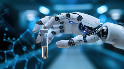 Wall Mural - robot hand of scientist with test tube and flask in medical chemistry lab blue banner background.