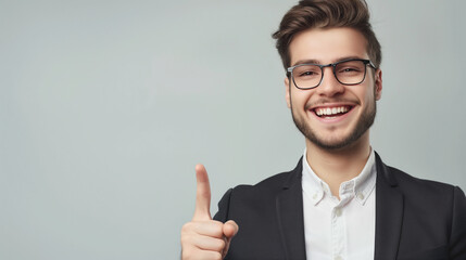 Portrait of a happy businessman pointing finger away over isolated background