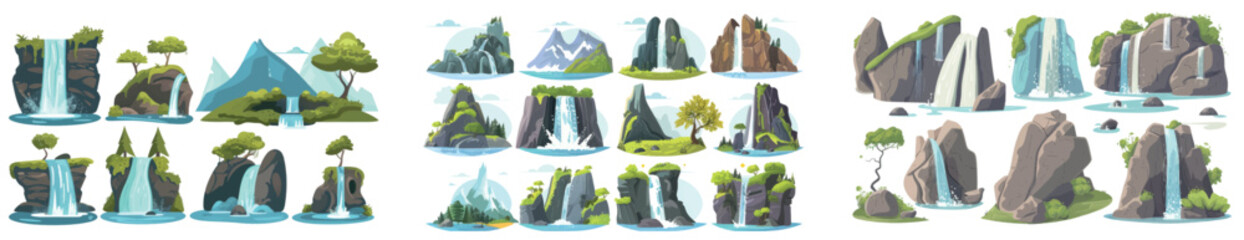 Wall Mural - River waterfall and mountain stream cartoon. Water fall cascade island icon set for nature rock landscape. Beautiful spring aqua flood with clear torrent in lake coastal clipart.