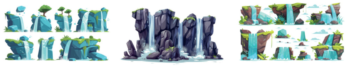 Wall Mural - Coastal natural cliff with aqua torrent graphic fantasy environment game design. Cascade waterfall from mountain cartoon modern. Stream of water from stone hill with splash landscape element.