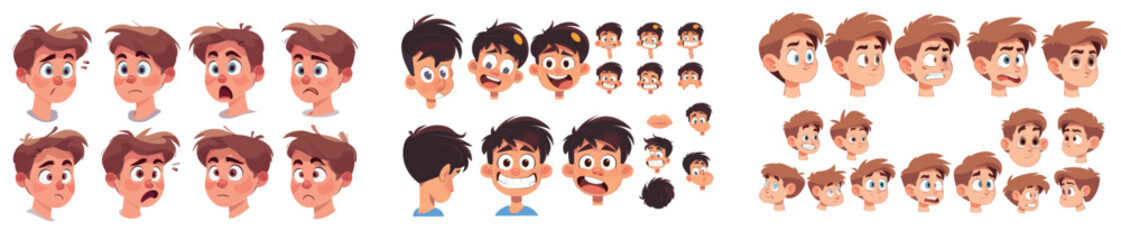 Wall Mural - Creating teen boy face expressions and emotions can be done with this kit. It includes customizable head elements of a cute boy with different slits, lips, and eyebrows..