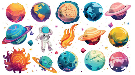 Wall Mural - Cartoon game illustration set with planet and astronaut. Magic galaxy UI icon pack. Childish spaceman character with smartphone taking cosmic selfie near meteor and rock sphere.