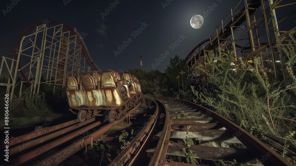 Haunted Coaster Ride Haunted Amusement Park Ride: An old, rusted roller coaster stands ...
