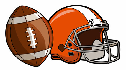 Wall Mural - An orange American football helmet and a brown football on a white background