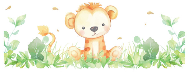 Wall Mural - Background for a banner with watercolor illustration of a baby safari animal