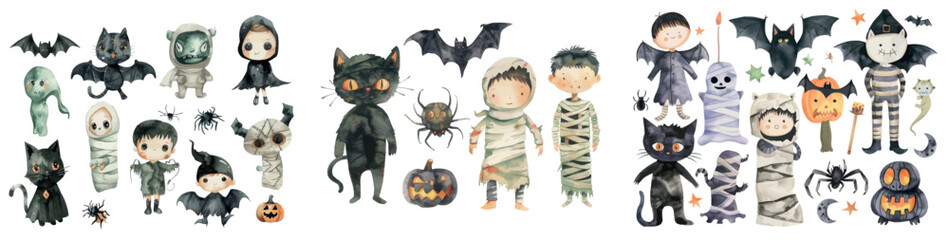 Wall Mural - An illustration set with a pumpkin, mummy, spider, and bat to celebrate Halloween