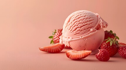 Wall Mural - Strawberry Ice Cream and Berries on Pink Background.