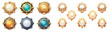 © Mark - Fantasy avatar frame with ui rank border badge icon. Gold round level achievement ring set with stones and metals. Empty gold and white reward graphic cartoon