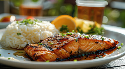 Wall Mural - A plate of BBQ salmon with white sticky rice, blurred background of backyard bbq. Generative AI.