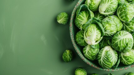 Wall Mural - A visually attractive patterned bowl filled with fresh green Brussels sprouts, placed on a green background, emphasizing healthy eating and natural, nutritious ingredients.