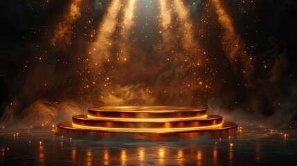 Wall Mural - Stock AI created of a gold podium on a dark background with smoke. An empty pedestal holds awards for an award ceremony. A spotlight illuminates the platform.