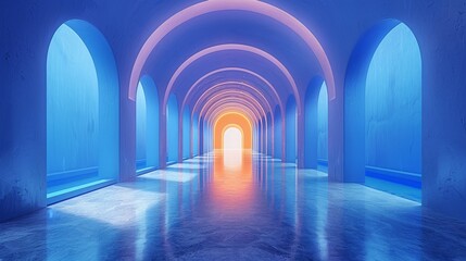 Wall Mural - Neon blue background, empty interior, futuristic architecture.