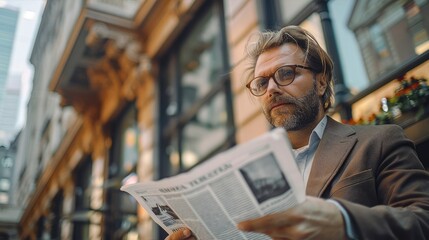 Aufkleber - Entrepreneur reading newspaper outside office in city. Generative AI.