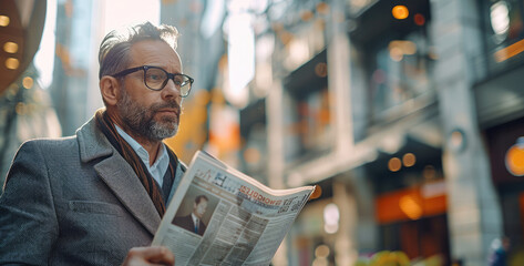 Aufkleber - Entrepreneur reading newspaper outside office in city. Generative AI.