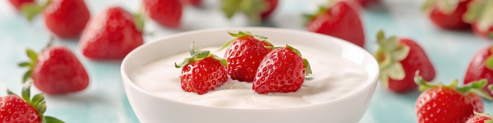 Wall Mural - Bowl full of ripe fresh strawberry on blue background, wide panoramic banner with copy space.