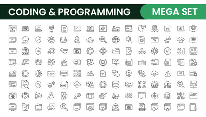 Programming coding set of web icons in line style. Software development icons for web and mobile app. Code, api, programmer, developer, information technology, coder and more.