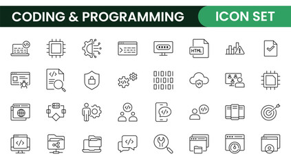 Programming coding set of web icons in line style. Software development icons for web and mobile app. Code, api, programmer, developer, information technology, coder and more.