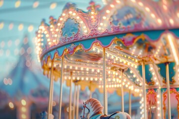 A vibrant carousel with pastel colors and glowing lights at an amusement park, captured in a close-up view