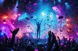 © Ольга Лукьяненко - A vibrant concert scene with a silhouette of a performer on stage, surrounded by a cheering crowd. Colorful confetti